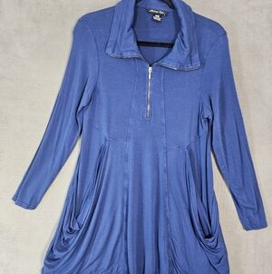 Michael Taylor Y2K Dress Lagenlook Blue Oversized Pockets Midi Collar Zip Medium
